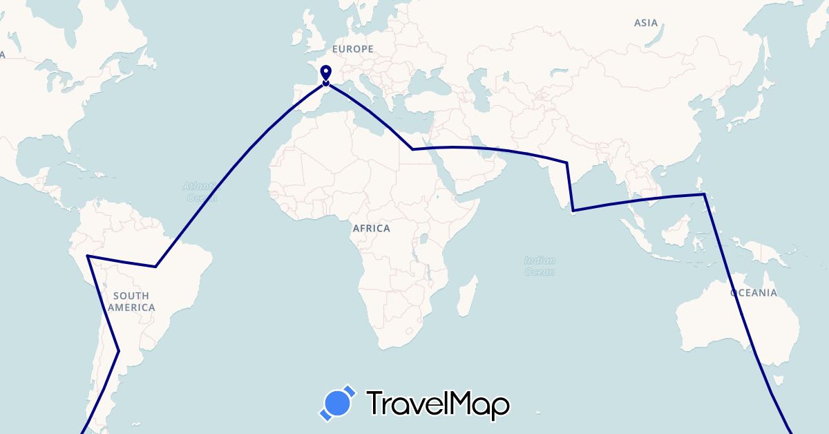 TravelMap itinerary: driving in Argentina, Australia, Brazil, Egypt, France, India, Sri Lanka, Peru, Philippines (Africa, Asia, Europe, Oceania, South America)